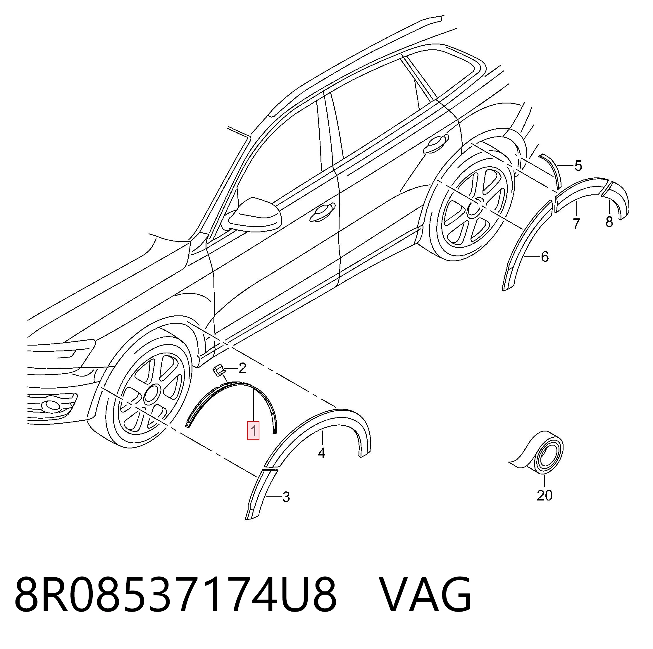 Купити 8R08537174U8 VAG Молдинг передньої арки колеса, лівий