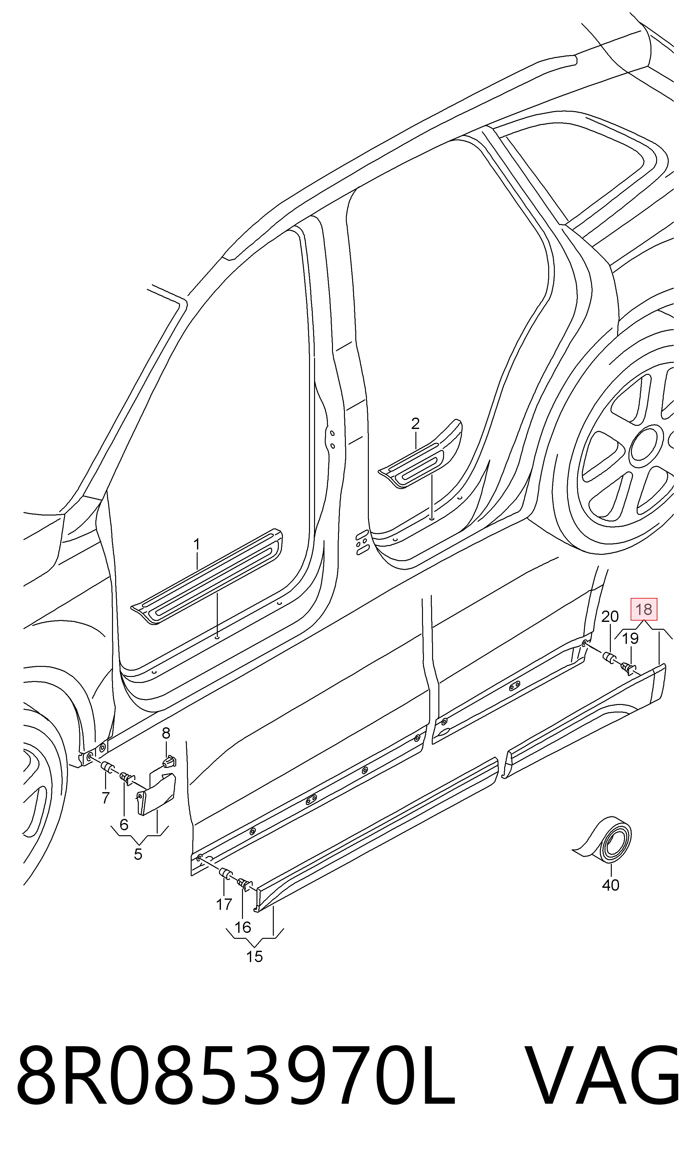 8R0853970L VAG Молдинг передніх лівих дверей, нижній