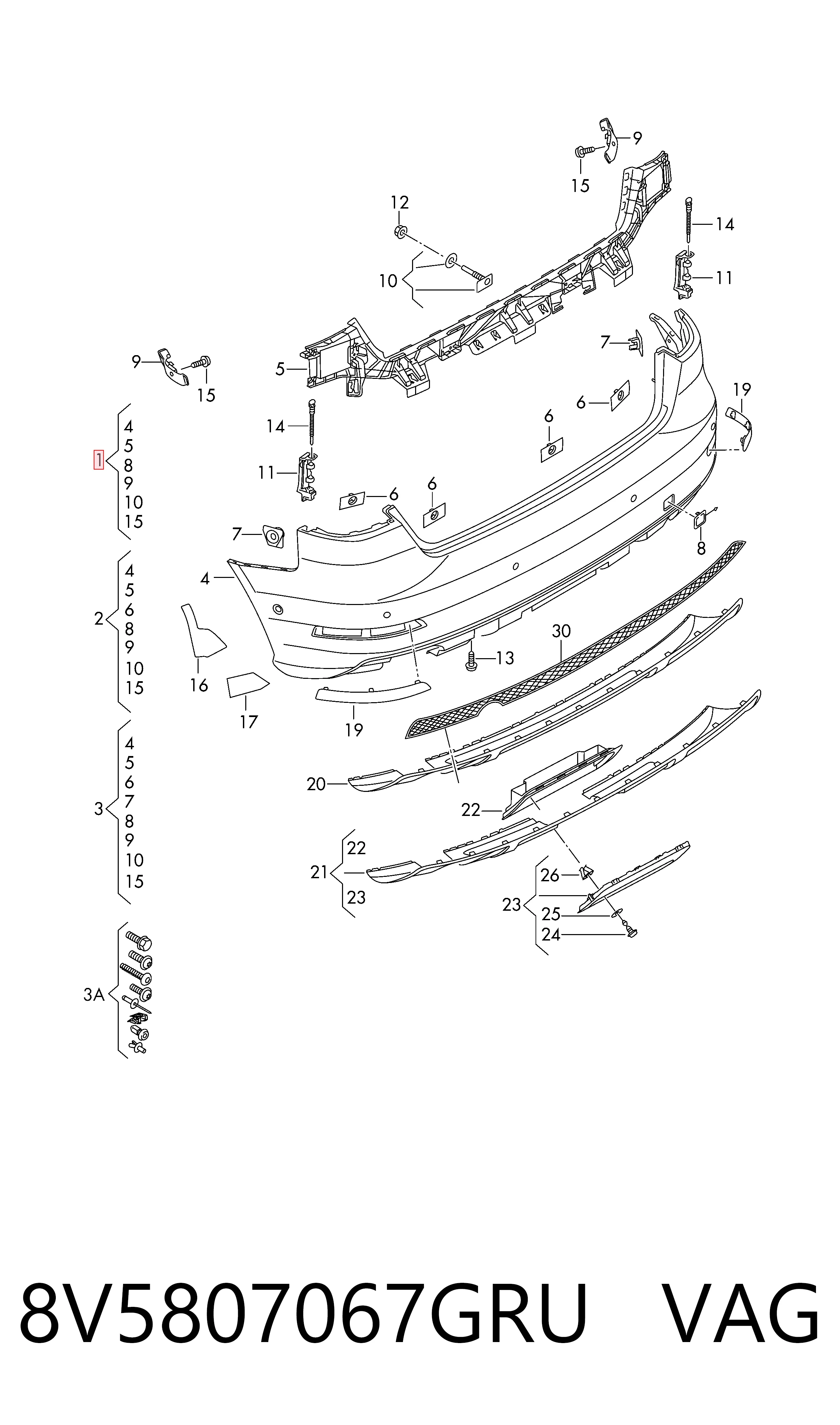 Кожух бампера заднього Audi A3 седан (8VS, 8VM) (2013 - 2020) ціна, від 114.80 USD