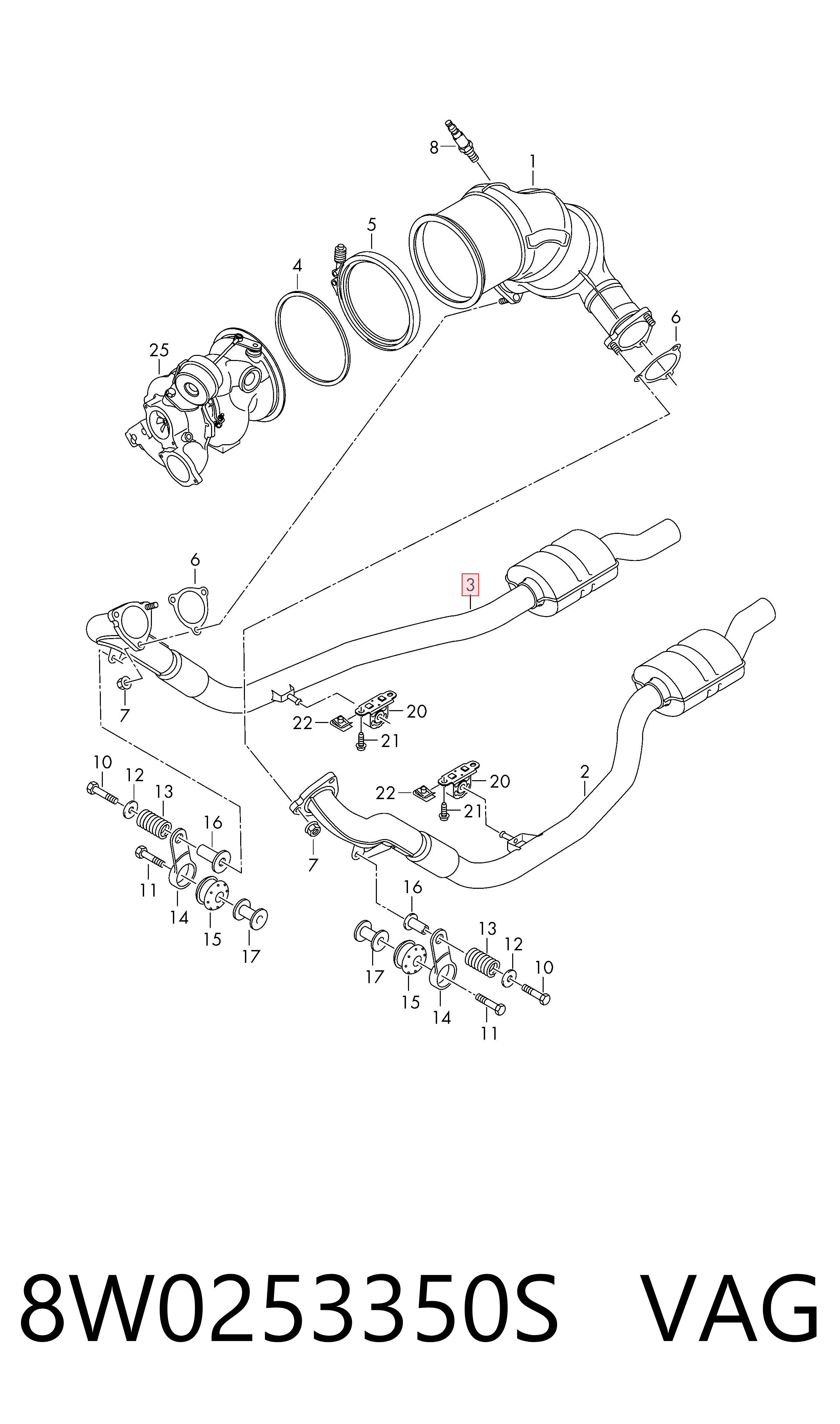 8W0253350S VAG Труба приймальна (штани) глушника, передня, права