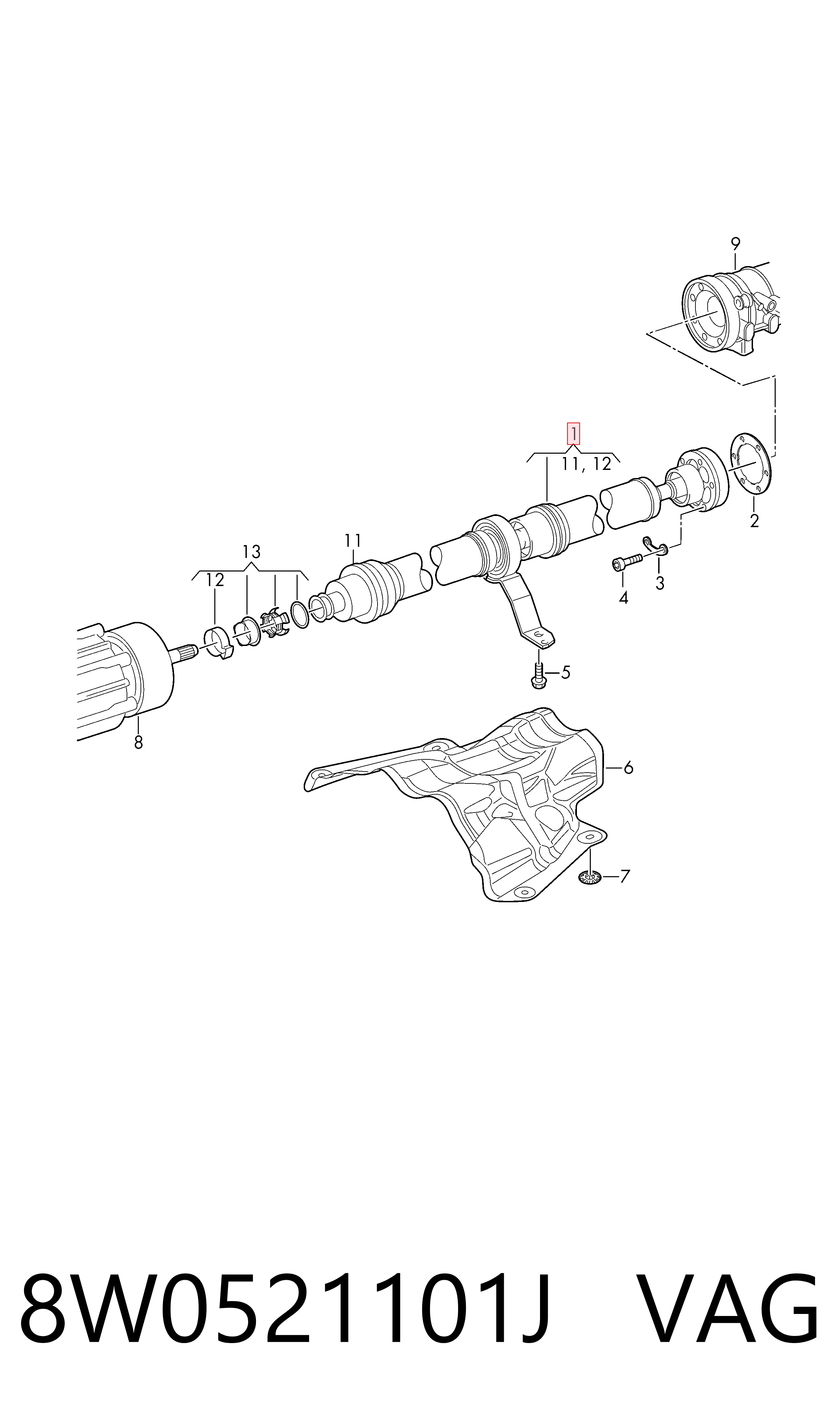 Вал карданний задній, у зборі VAG 8W0521101J ціна, від 240.72 USD