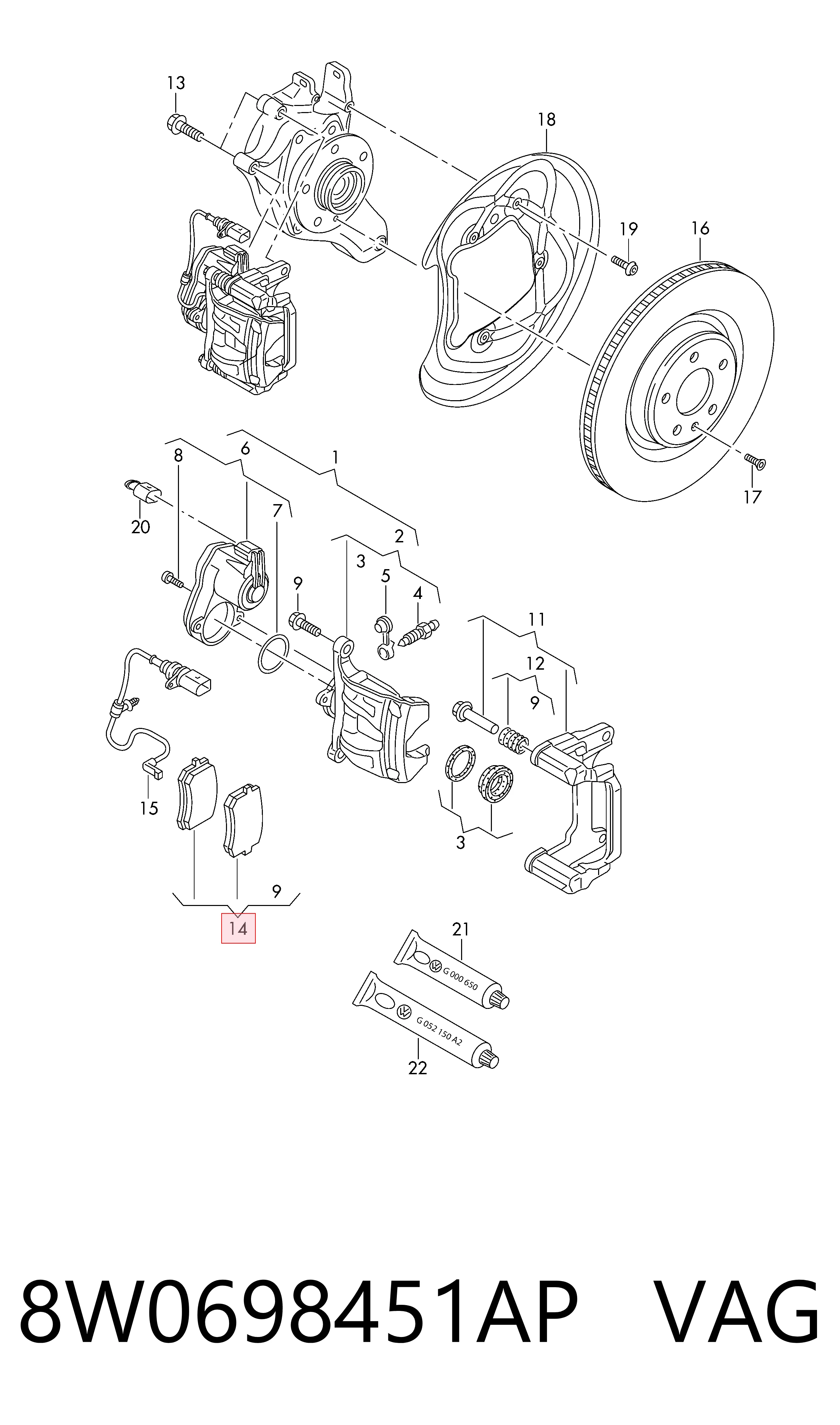 8W0698451AP VAG Колодки гальмівні задні, дискові