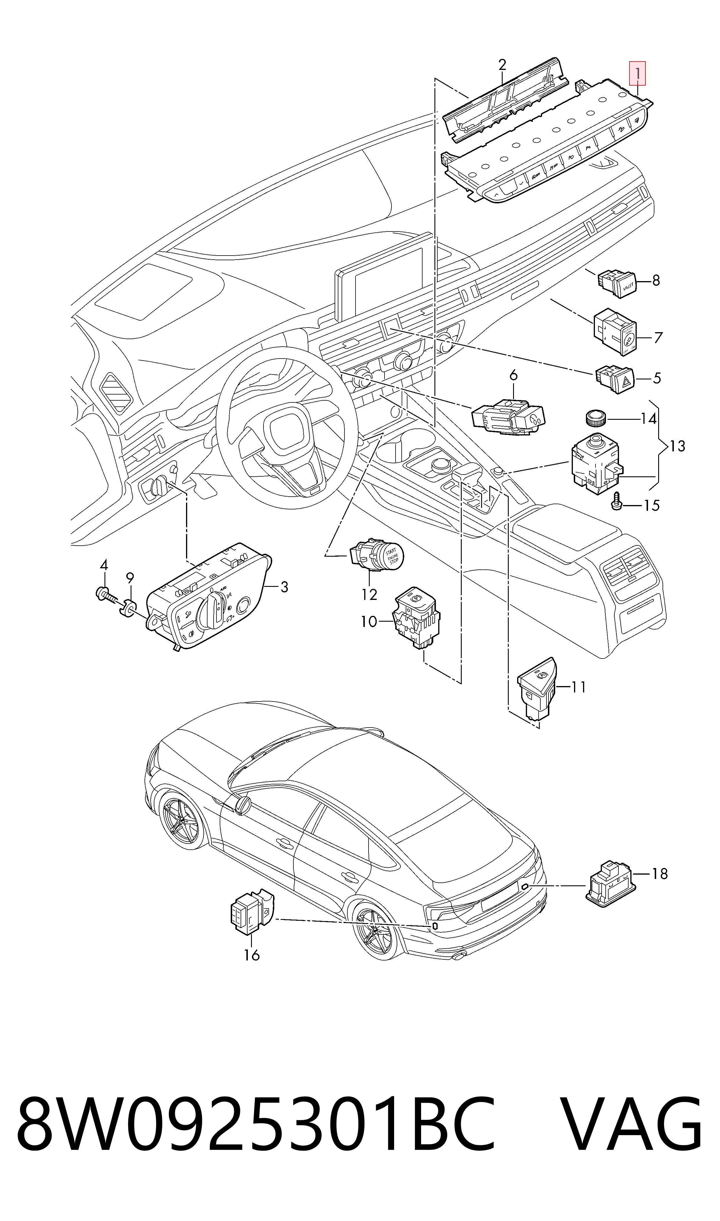 8W0925301BC VAG Блок кнопок центральної консолі