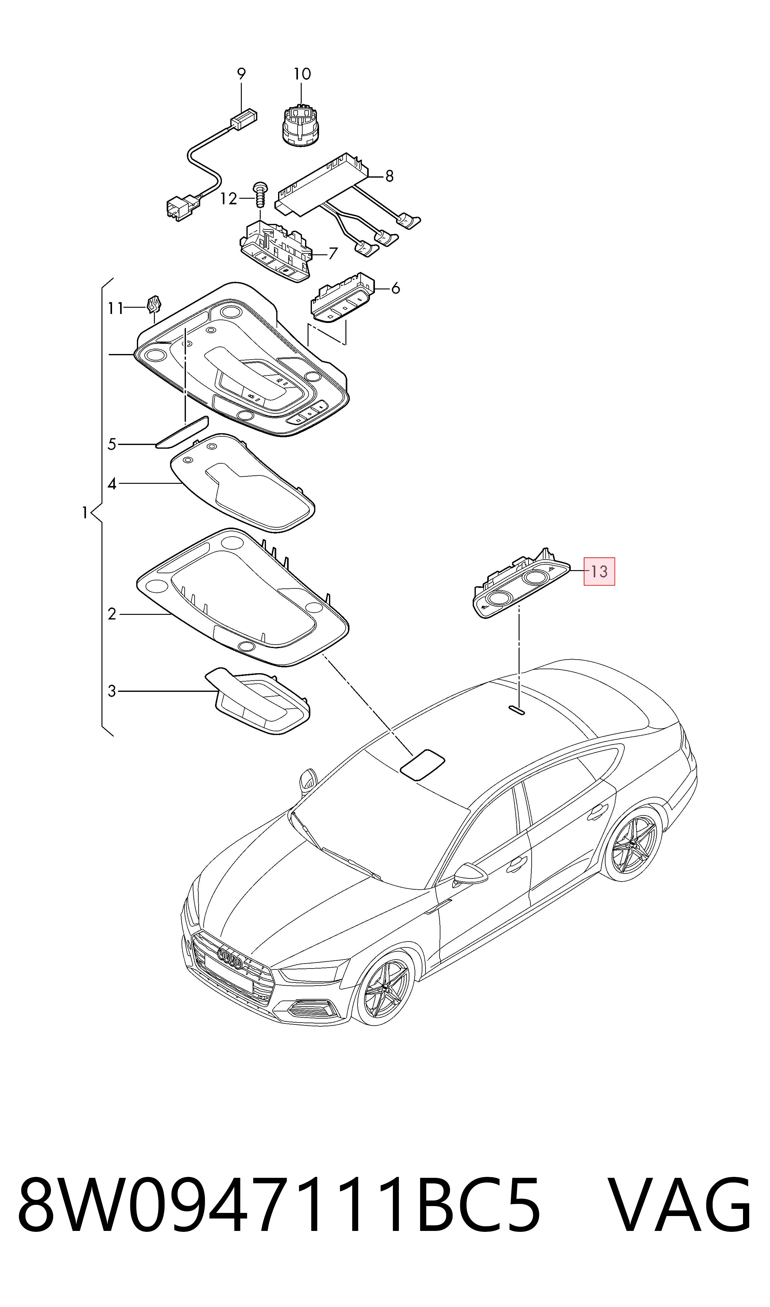 Плафон освітлення салона/кабіни, задній VAG 8W0947111BC5 ціна, від 6.21 USD