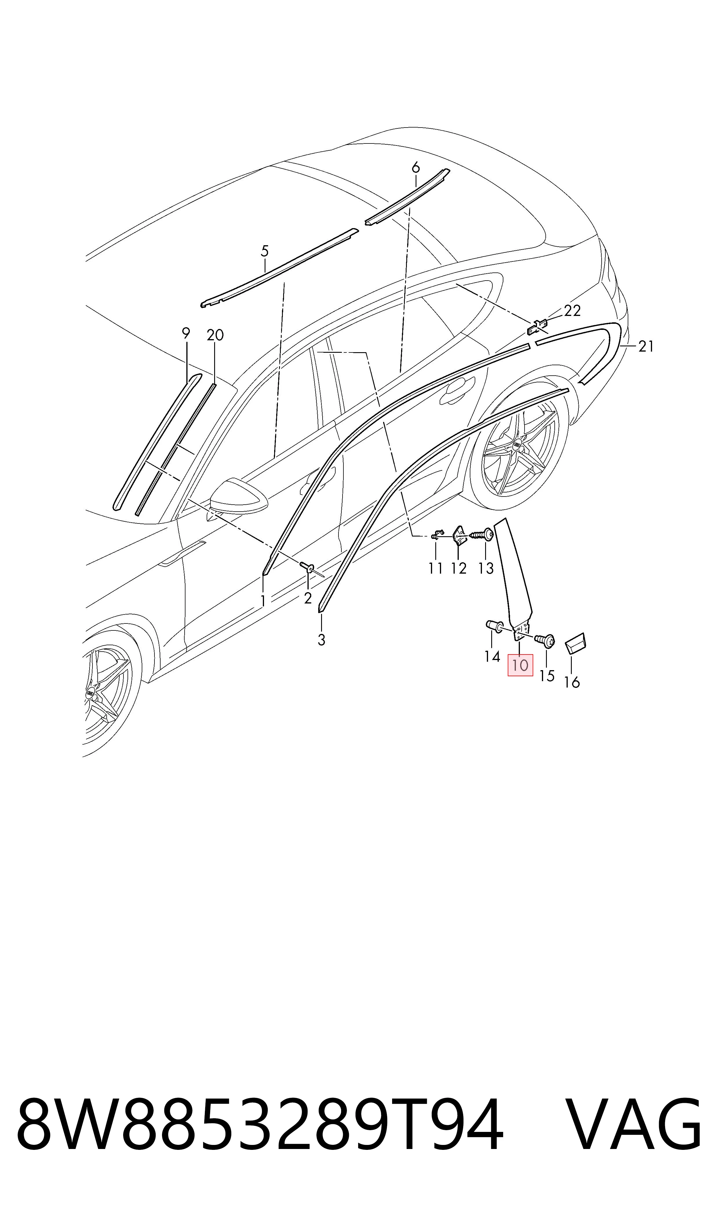 8W8853289T94 VAG Накладка стійки кузова зовнішня, центральна ліва