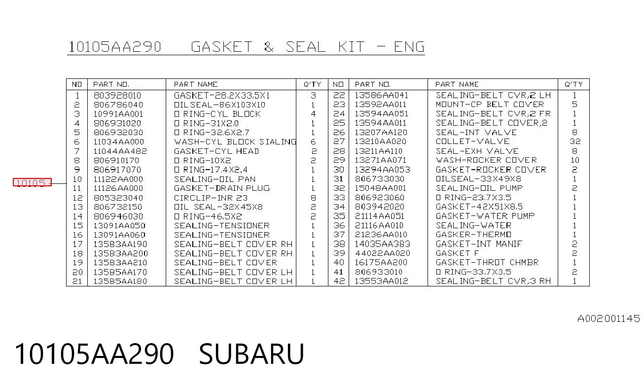 ST10105AA290 SAT Набір прокладок двигуна