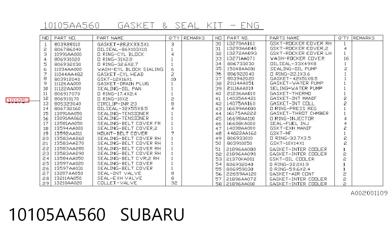 10105AA560 Subaru Набір прокладок двигуна