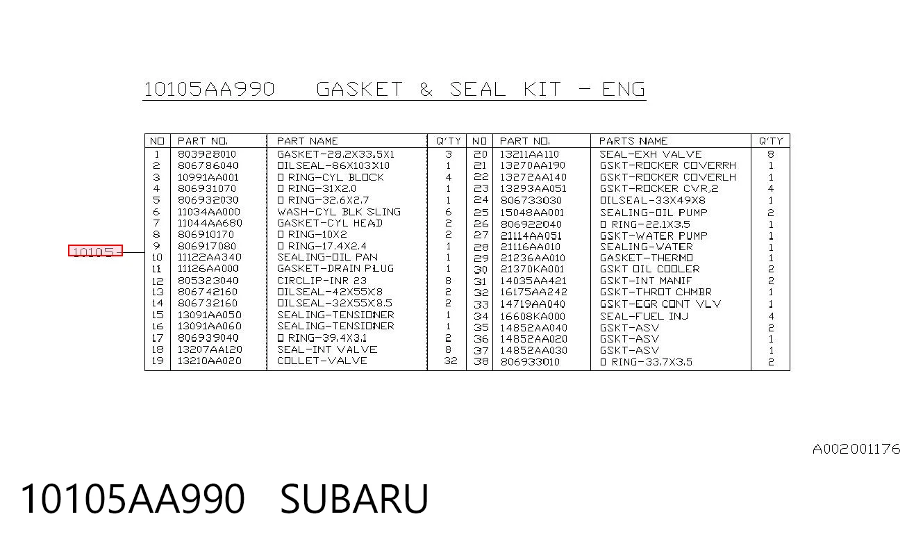10105AA990 Subaru Набір прокладок двигуна