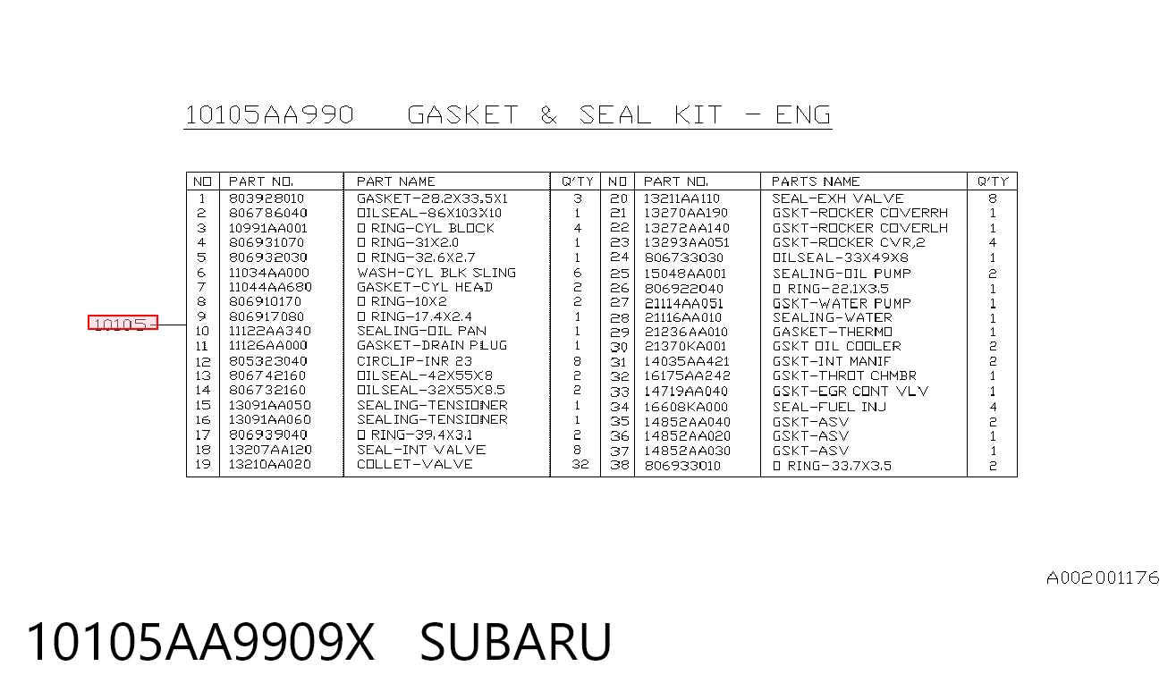 10105AA9909X Subaru Набір прокладок двигуна