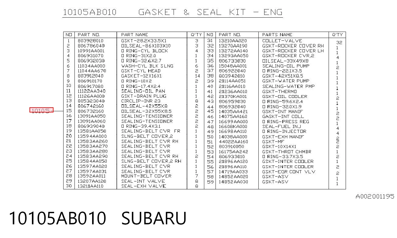 10105AB010 Subaru Набір прокладок двигуна