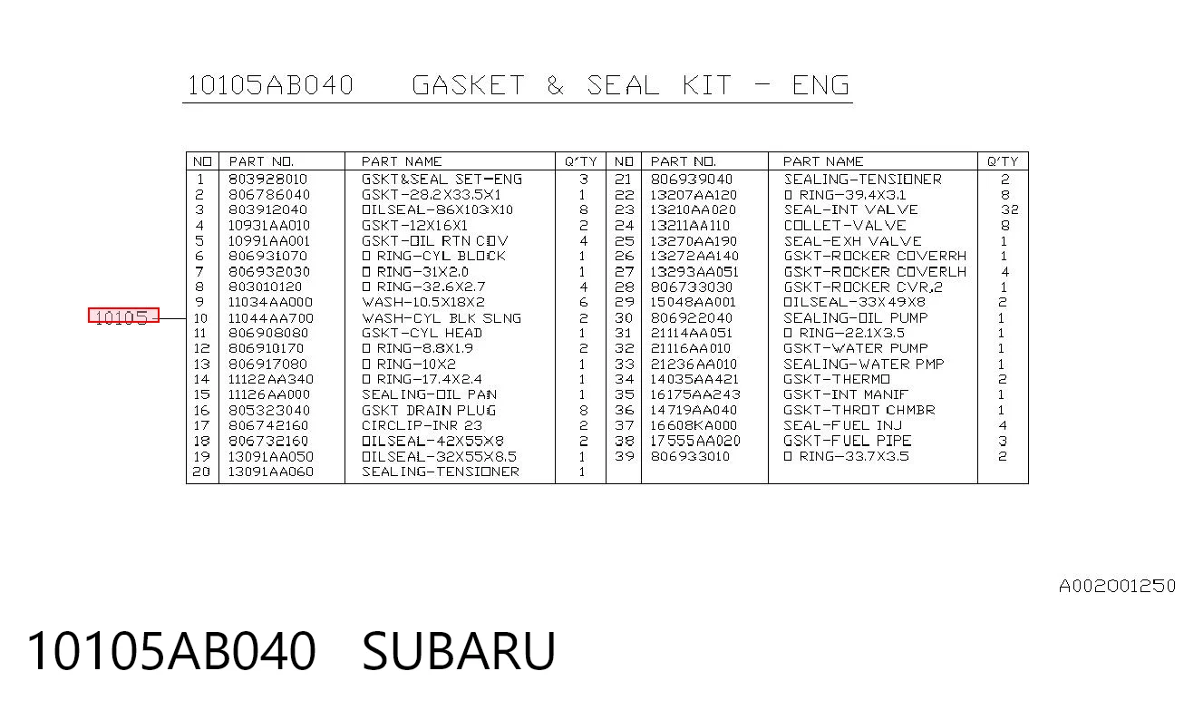 10105AB040 Subaru Набір прокладок двигуна