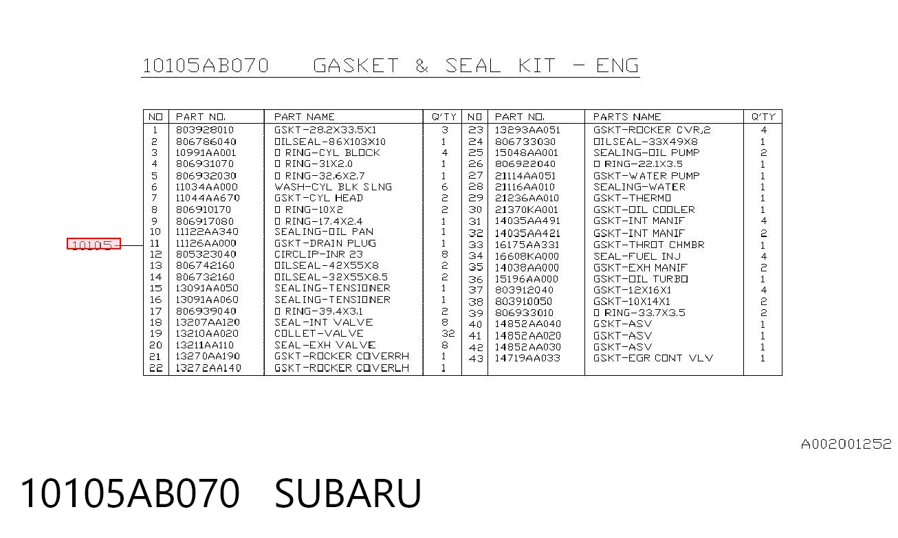 10105AB070 Subaru Набір прокладок двигуна