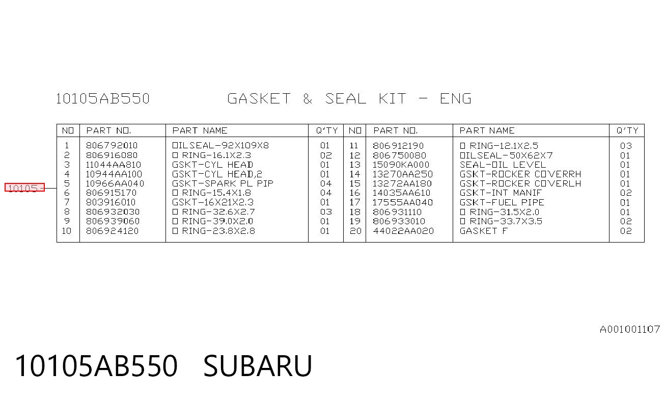 10105AB550 Subaru Набір прокладок двигуна