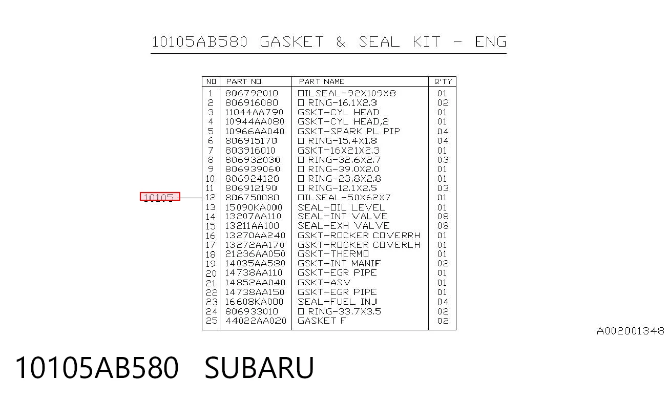 10105AB580 Subaru Набір прокладок двигуна