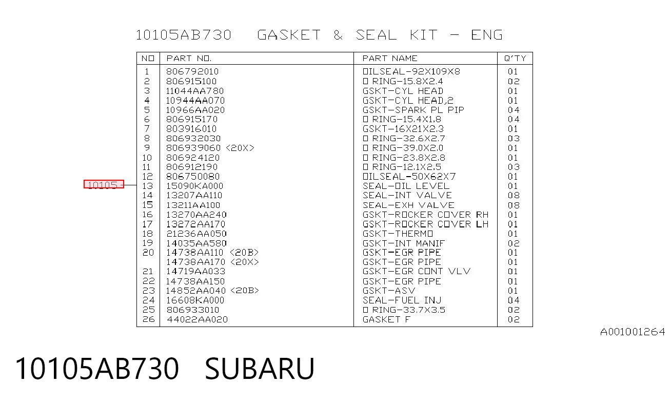 10105AB730 Subaru Набір прокладок двигуна