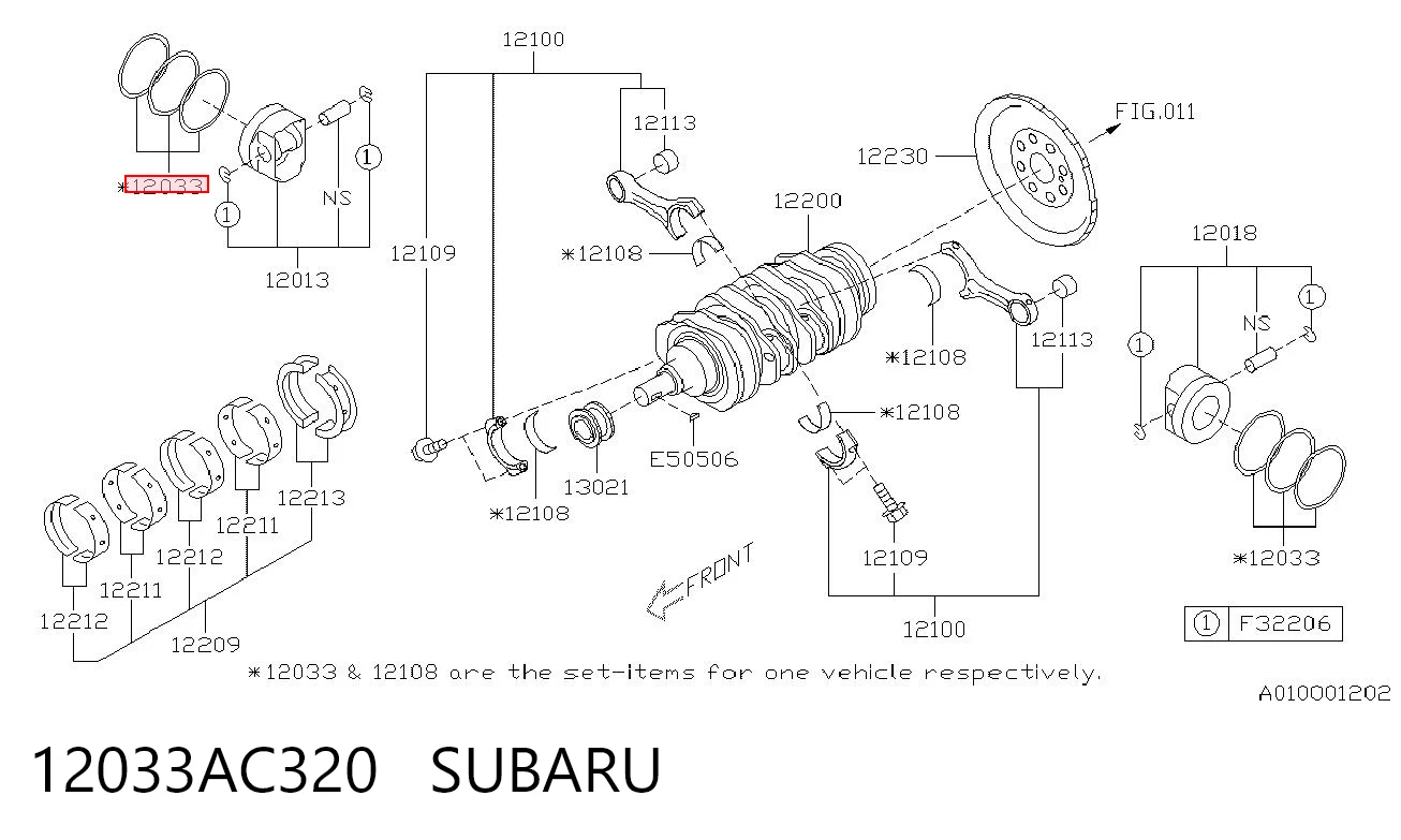 12033AC320 Subaru Комплект поршневих кілець на двигун, 2-й ремонт (+0,50)