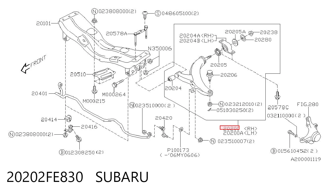 20202FE830 Subaru Важіль передньої підвіски нижній, правий