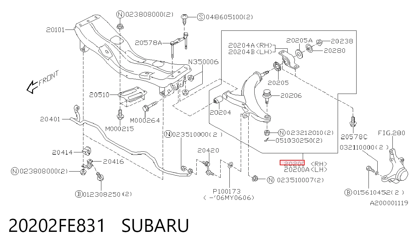 20202FE831 Subaru Важіль передньої підвіски нижній, правий