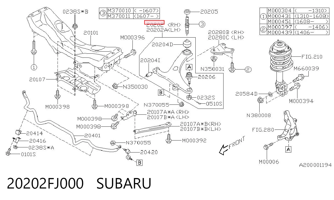 20202FJ000 Subaru Важіль передньої підвіски нижній, правий