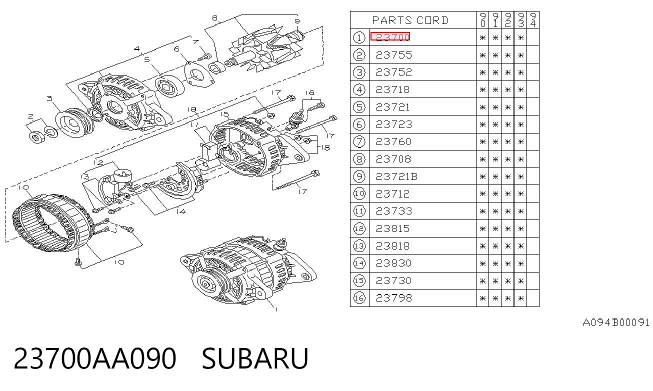 23700AA090 Subaru Авто генератор