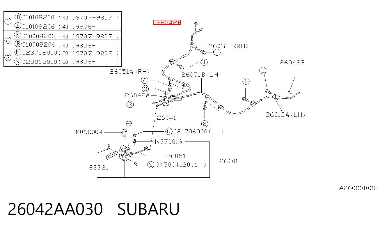 26042AA030 Subaru Трос ручного гальма задній, правий
