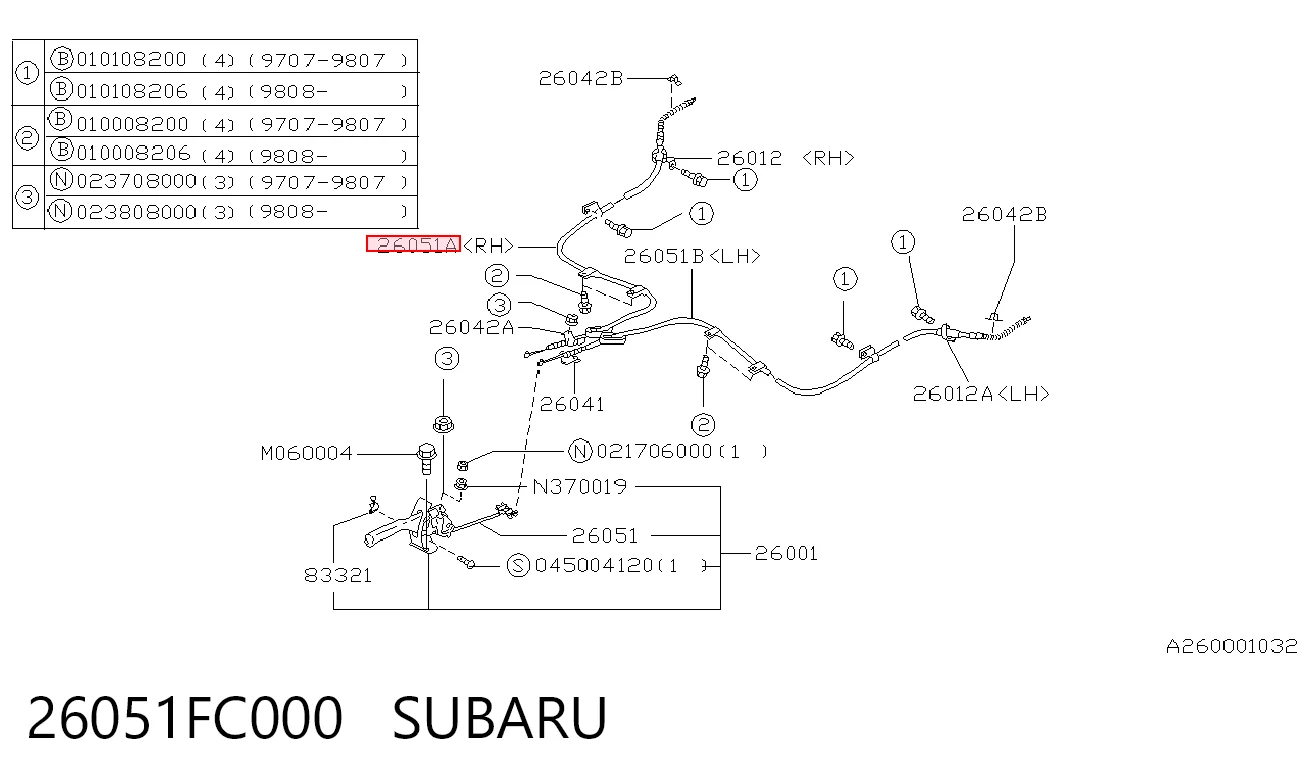 26051FC000 Subaru Трос ручного гальма задній, правий