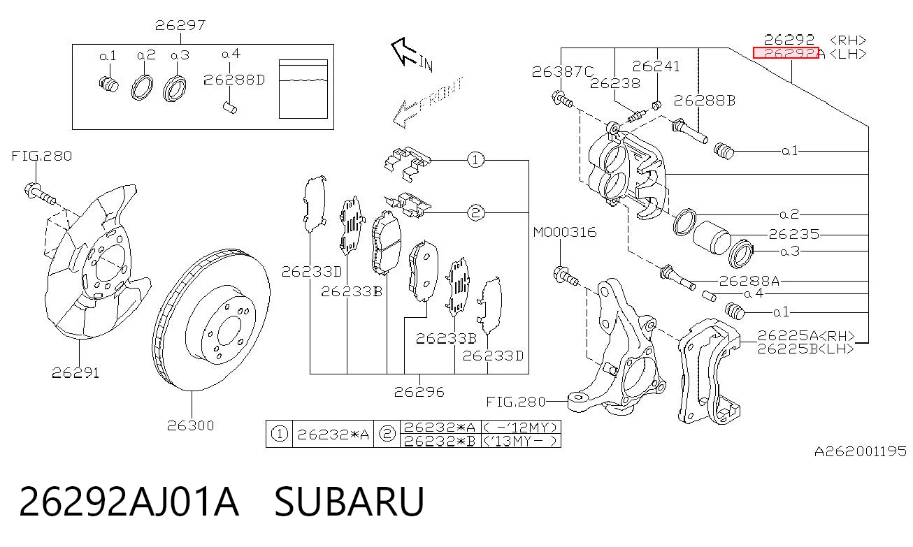 26292AJ01A Subaru Супорт гальмівний, передній, лівий