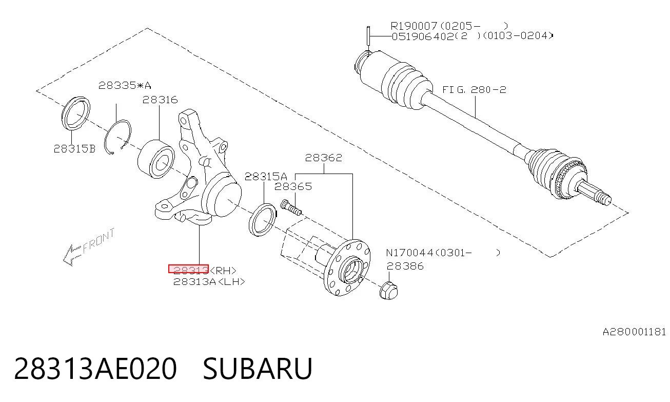 28313AE020 Subaru Цапфа - поворотний кулак передній, правий