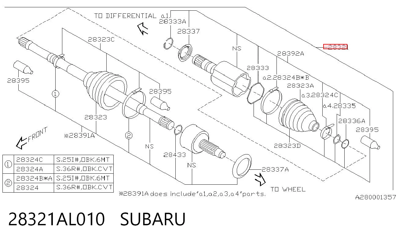 28321AL010 Subaru Приводи передніх коліс (вали карданні піввісь переднього моста)