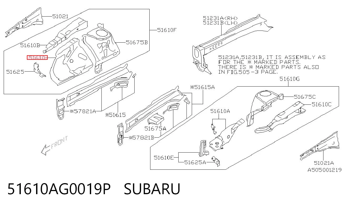 51610AG0019P Subaru Панель бризковика (лонжерону) моторного відсіку, права