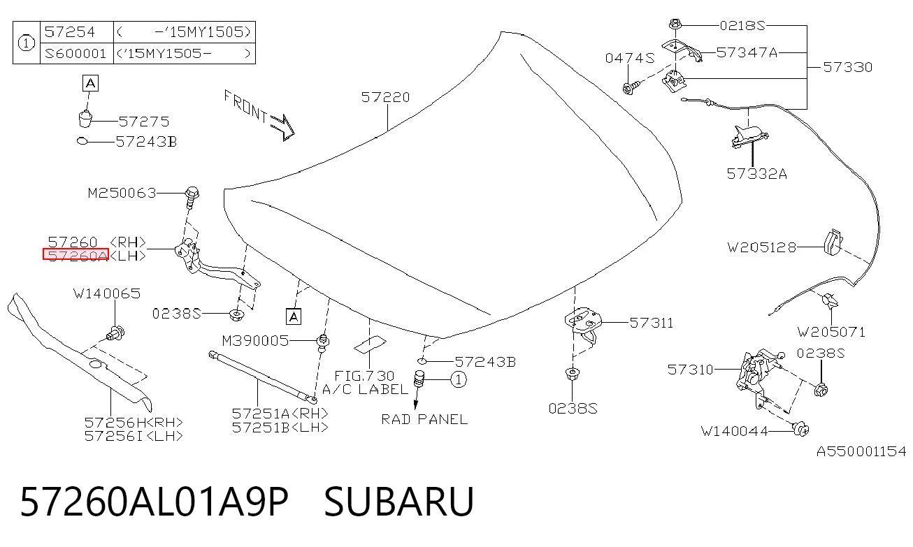 57260AL01A9P Subaru Завіс капота, лівий