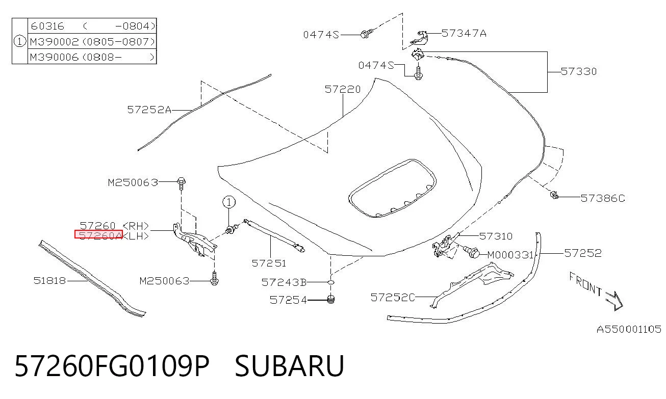 57260FG0109P Subaru Завіс капота, лівий