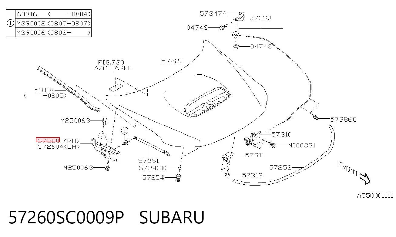 57260SC0009P Subaru Завіс капота, правий