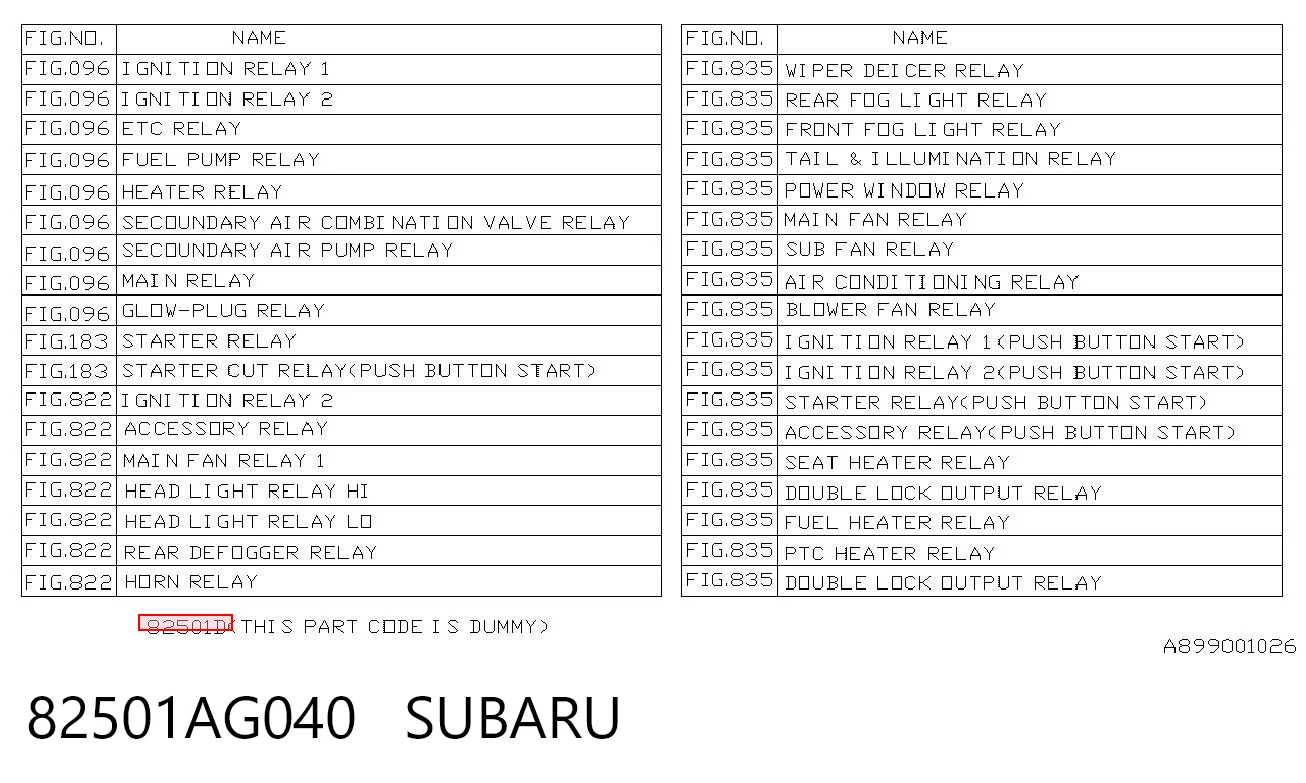 82501AG040 Subaru 