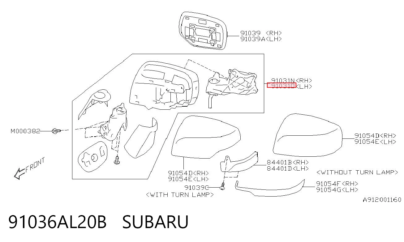 91036AL20B Subaru Дзеркало заднього виду, ліве