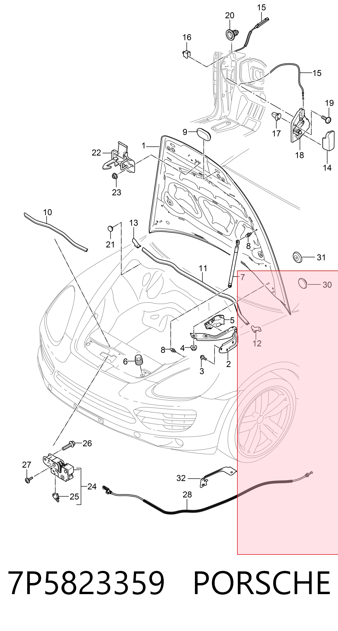7P5823359 Porsche Стійка капота