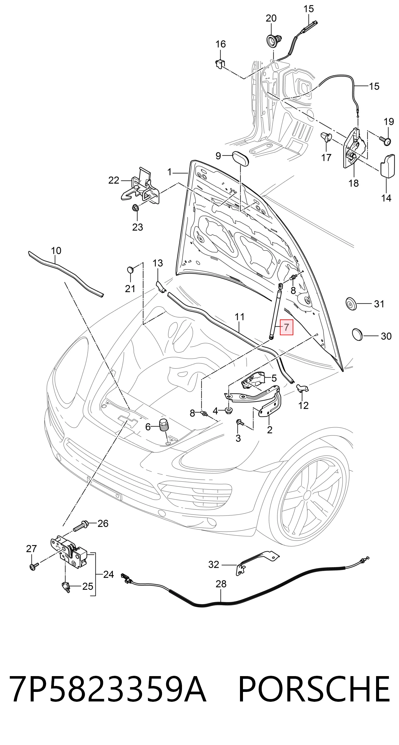 7P5823359A Porsche Стійка капота