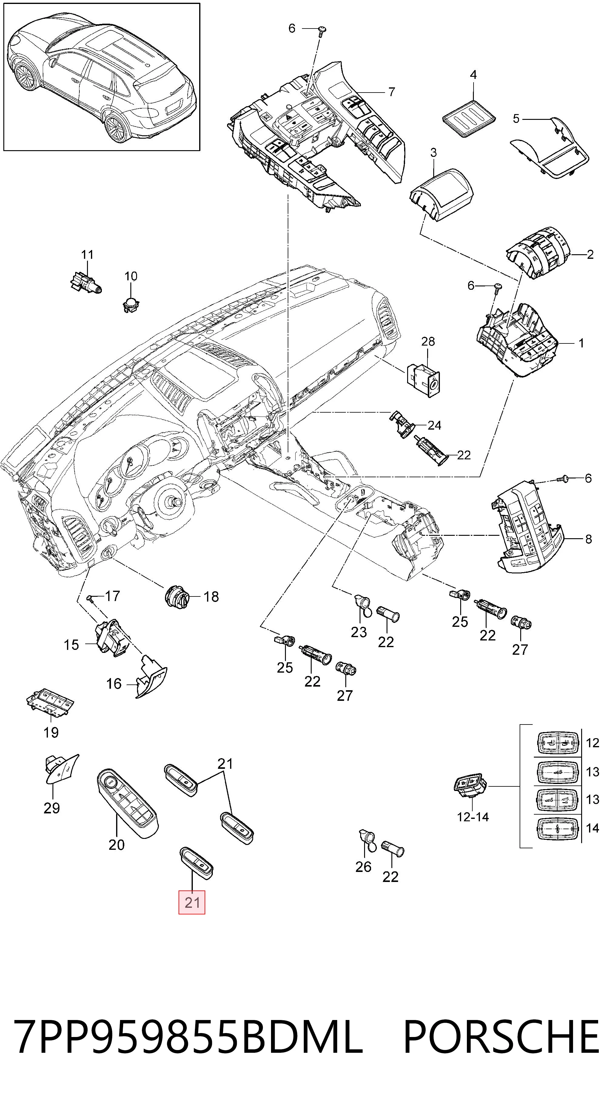 7PP959855BDML Porsche Кнопка підйомника переднього правого скла
