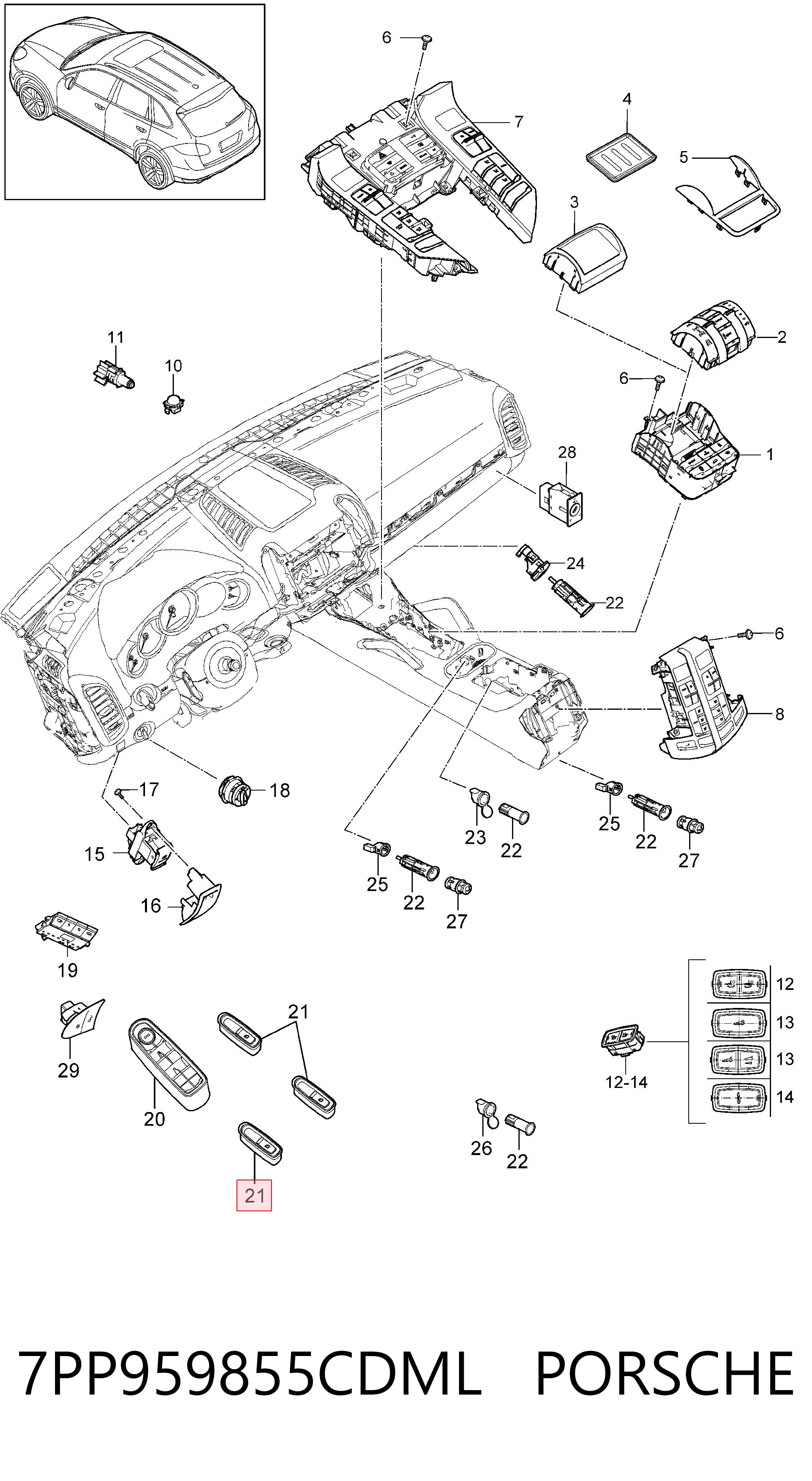 7PP959855CDML Porsche Кнопка підйомника переднього правого скла