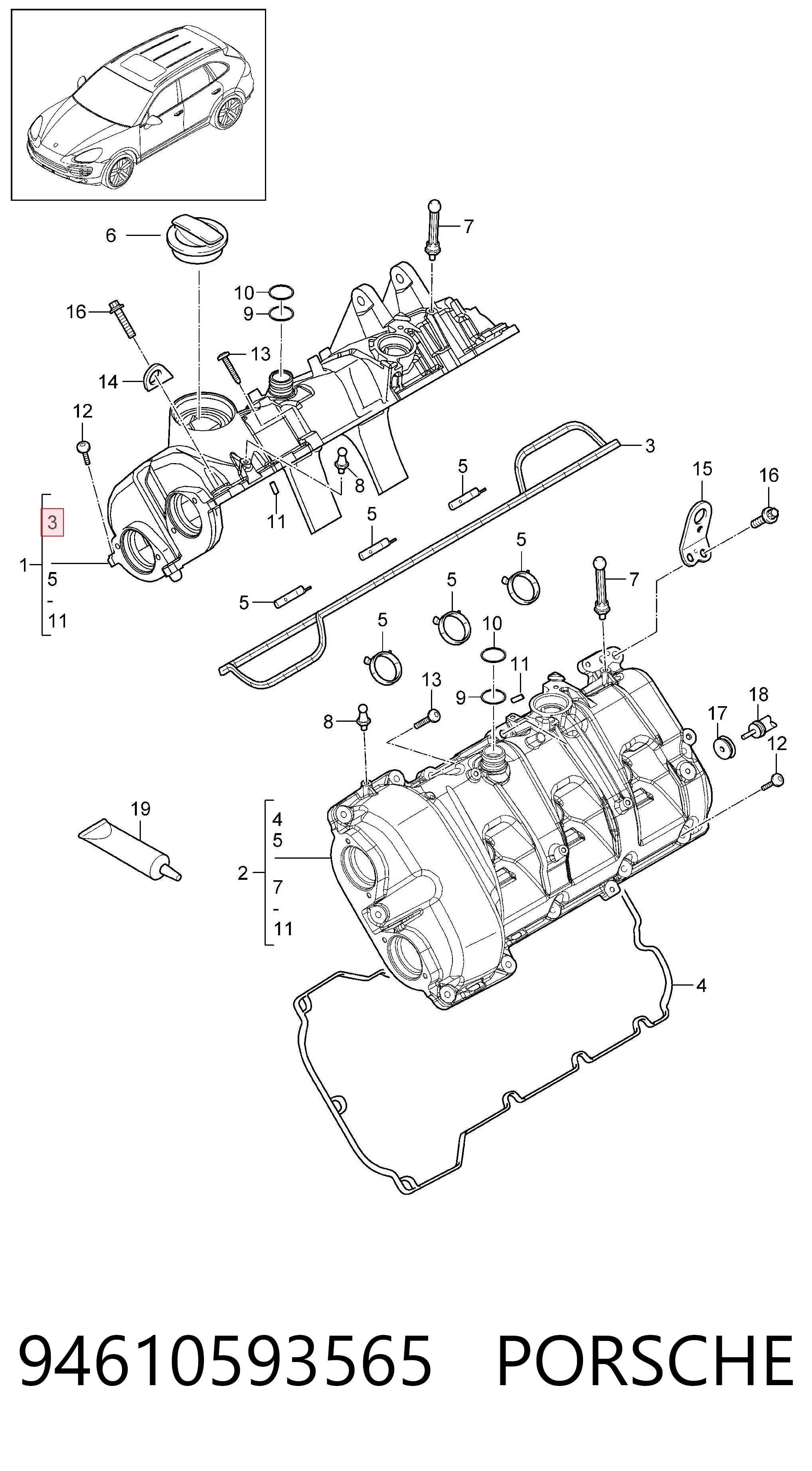 94610593565 Porsche Прокладка клапанної кришки двигуна, комплект лівий