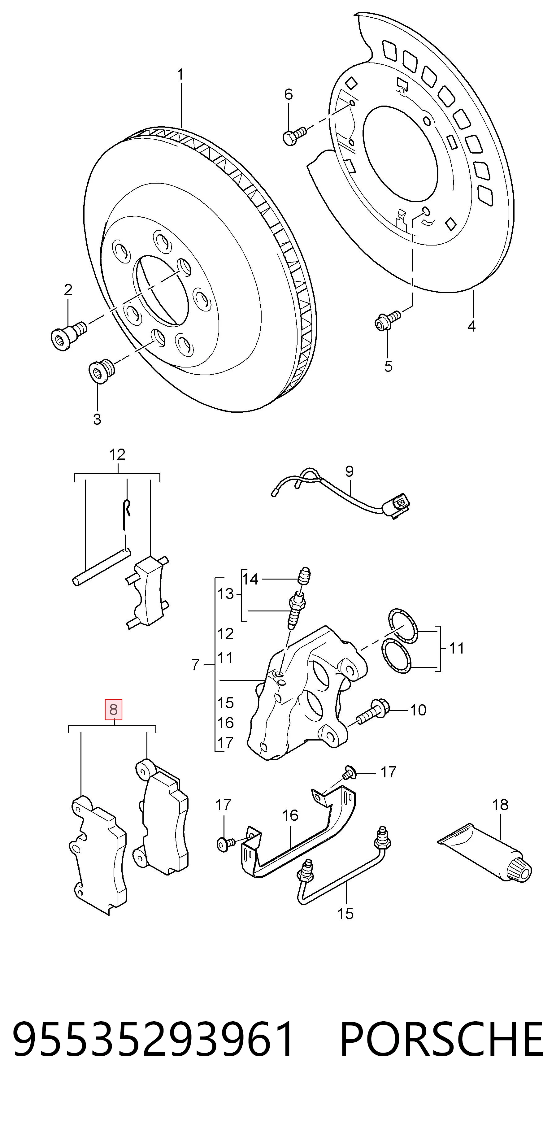 95535293961 Porsche Колодки гальмівні задні, дискові