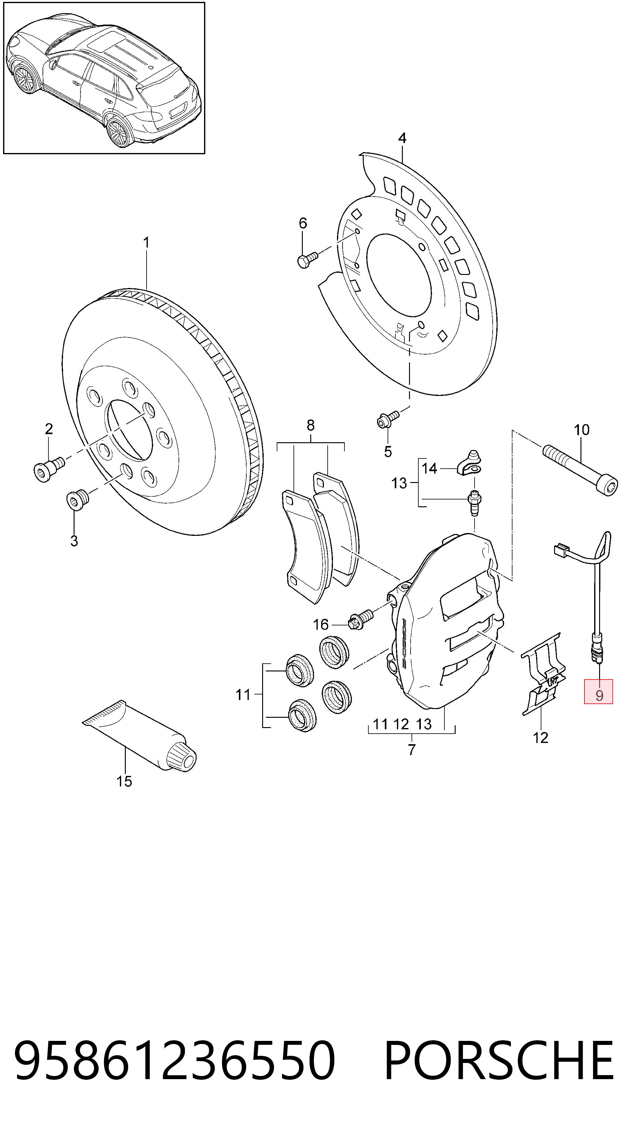95861236550 Porsche Датчик зносу гальмівних колодок, задній