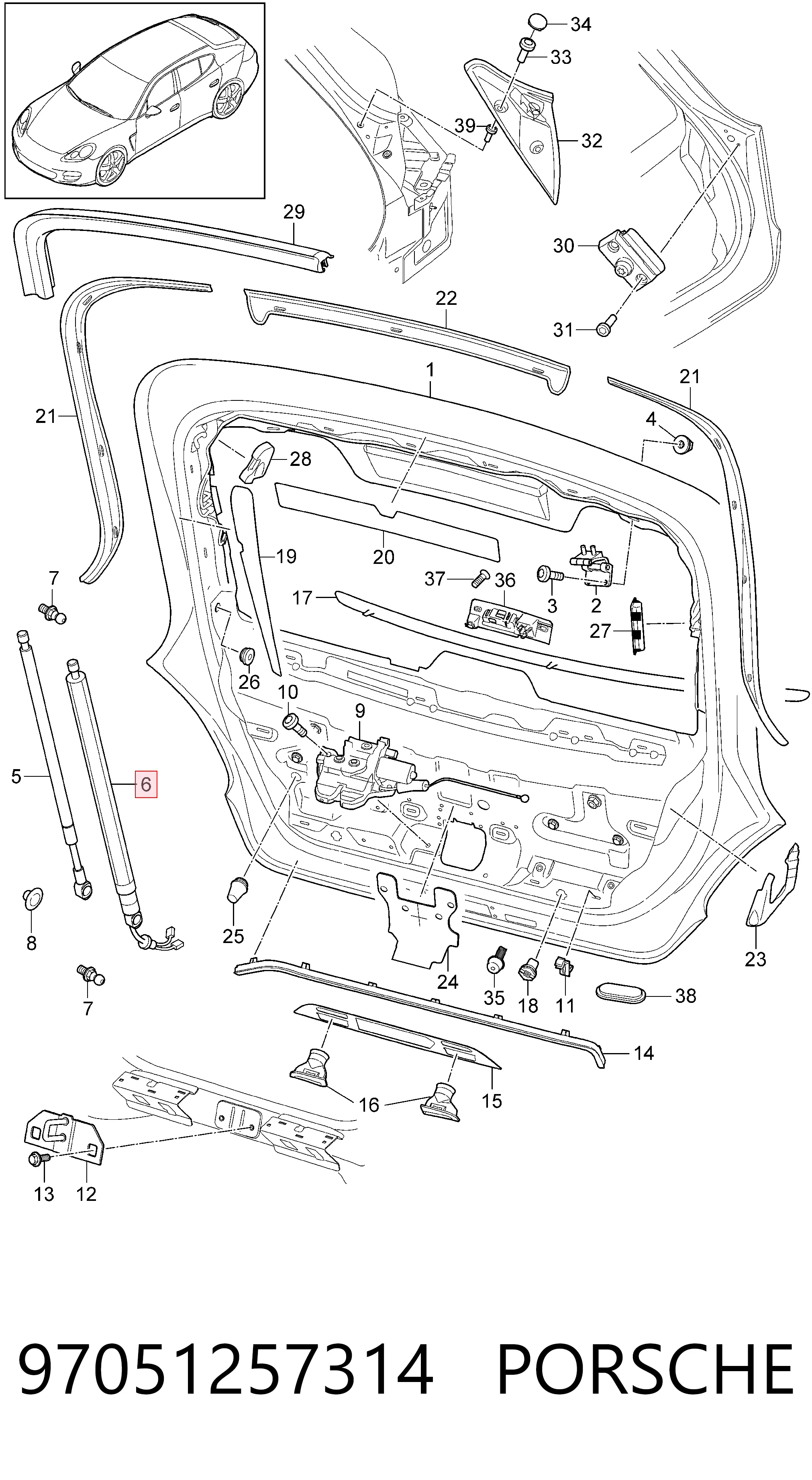 97051257314 Porsche Амортизатор кришки багажника / двері 3/5-ї задньої