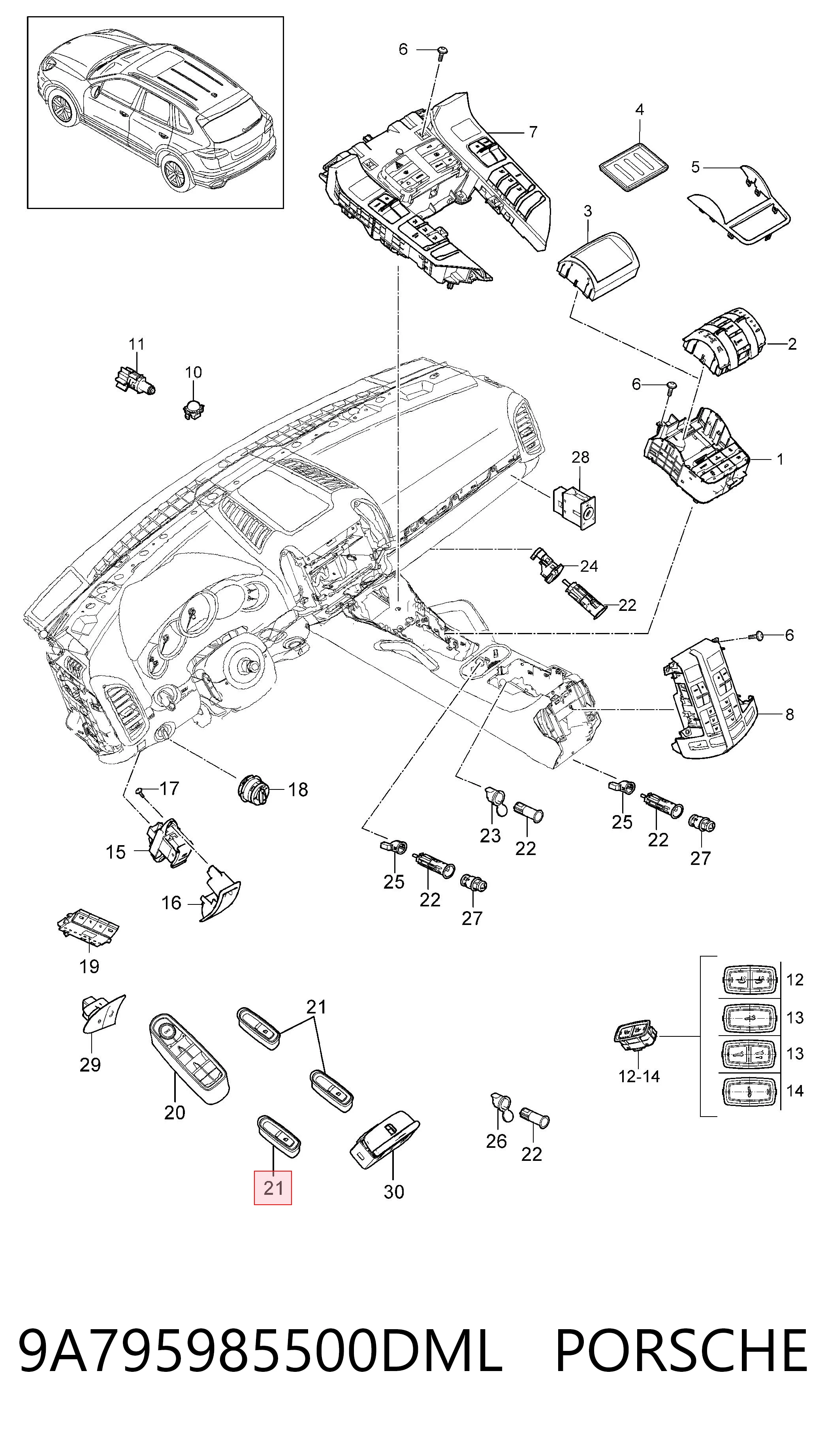 9A795985500DML Porsche Кнопка підйомника переднього правого скла