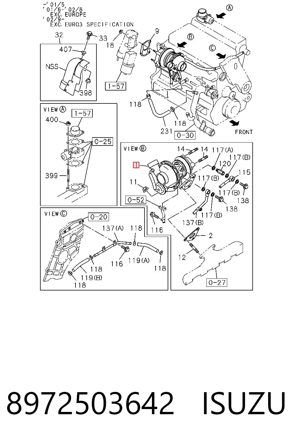 8972503642 Isuzu Прокладка турбіни, монтажний комплект