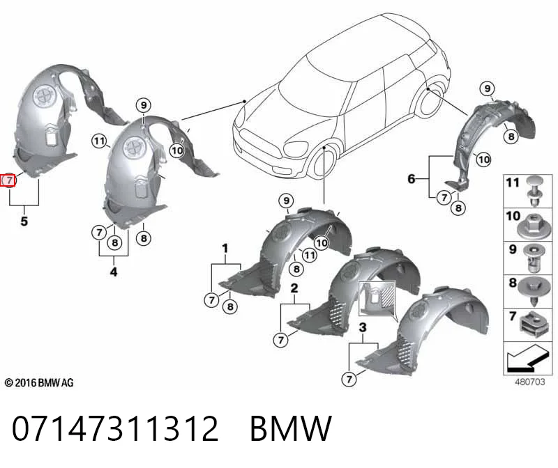 07147311312 BMW Пістон (кліп) кріплення підкрилки переднього крила