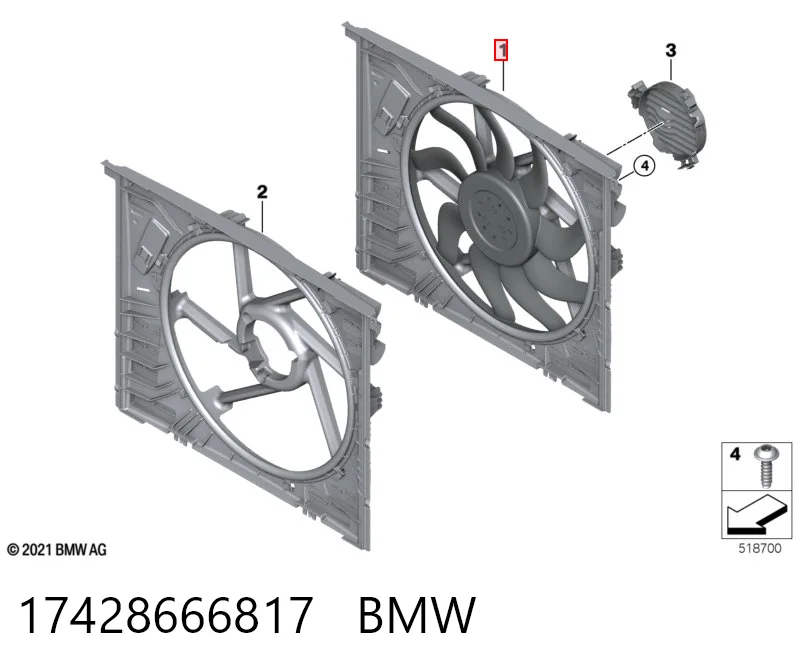 17428666817 BMW Дифузор радіатора охолодження, в зборі з мотором і крильчаткою