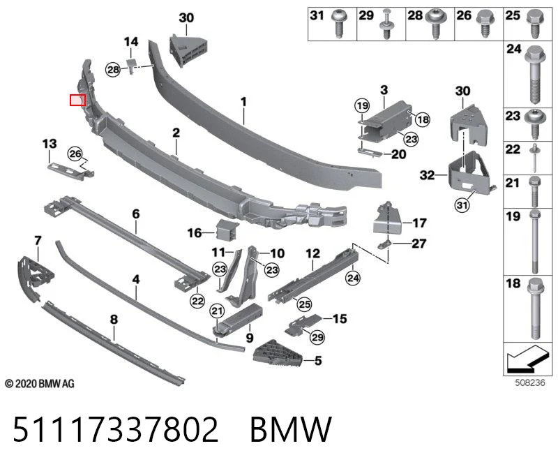 51117337802 BMW Кронштейн абсорбера переднього бампера