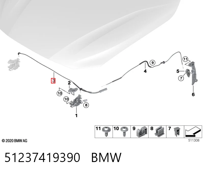 51237419390 BMW Трос відкриття капота, передній