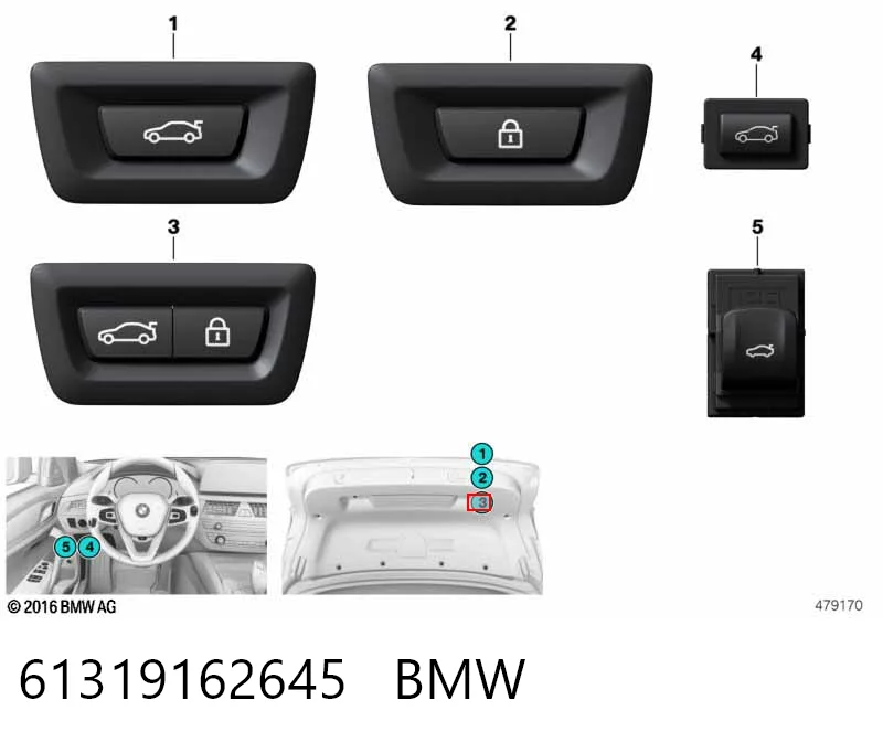 61319162645 BMW Кнопка салону приводу замка 3/5 дверей (ляди) / кришки багажника